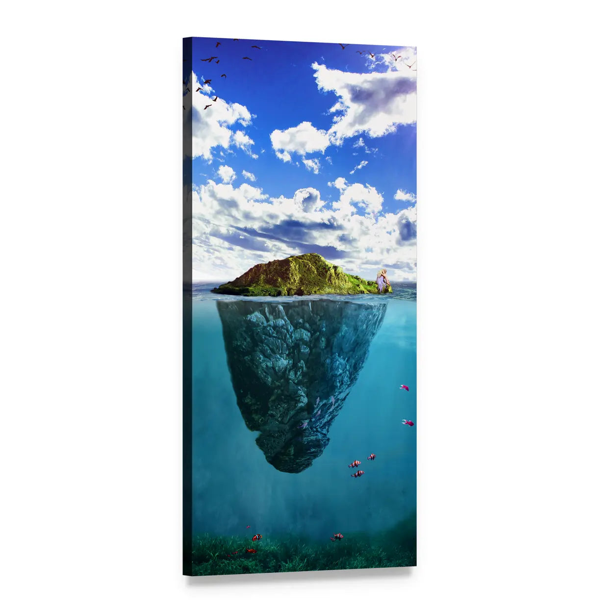 Surreal Split-view Island with Fish and Birds Vertical Canvas Wall Art, 1 panel 1 Vertical layout gallery wrapped canvas set, angled product view