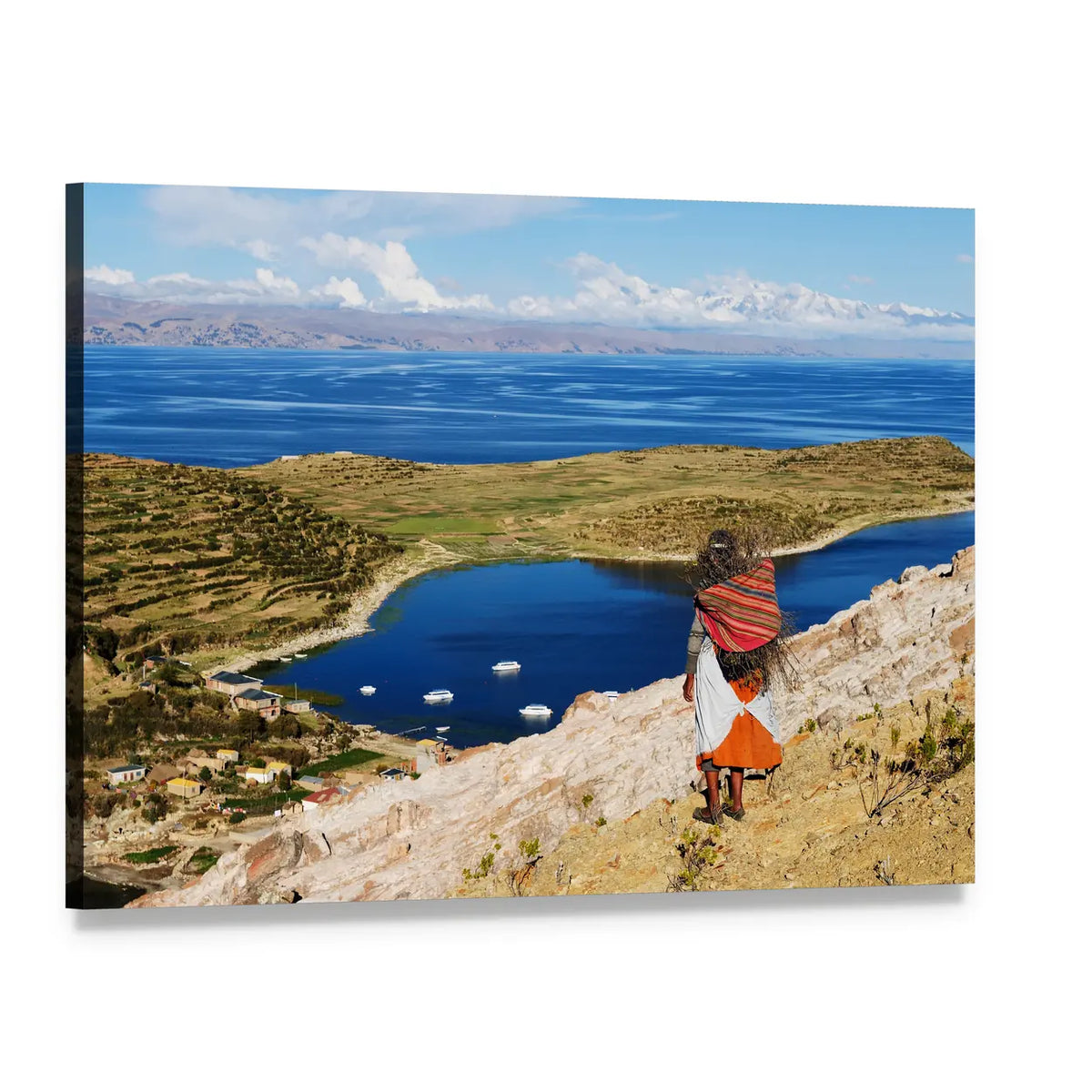 Titicaca Lake with Andean Woman Canvas Wall Art, single panel gallery wrapped canvas, angled product view