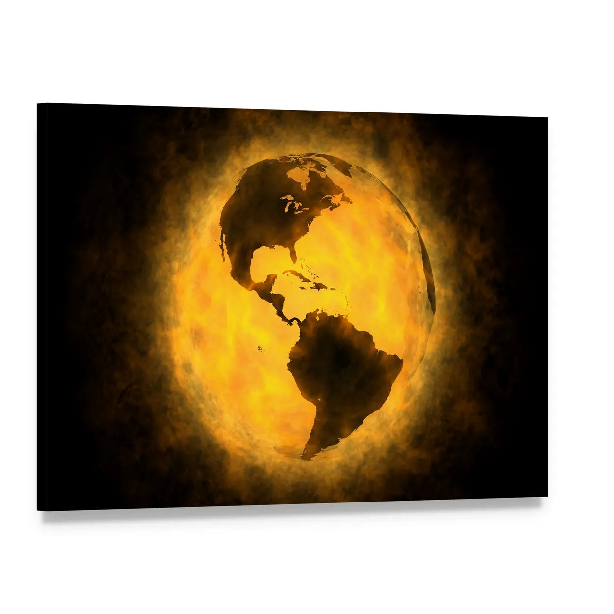 Planet Earth in Flames with Americas Silhouette Canvas Wall Art, single panel gallery wrapped canvas, angled product view