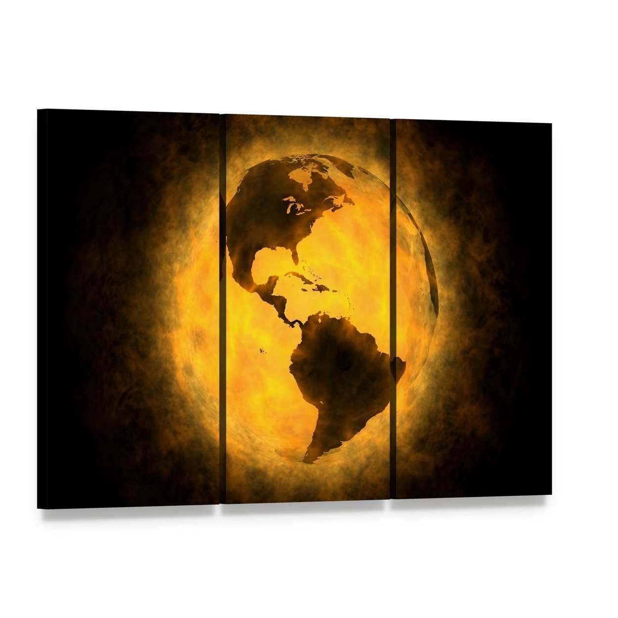 Earth in Flames: Global Warming Canvas Wall Art, 3 panel 3 Horizontal layout gallery wrapped canvas set, angled product view