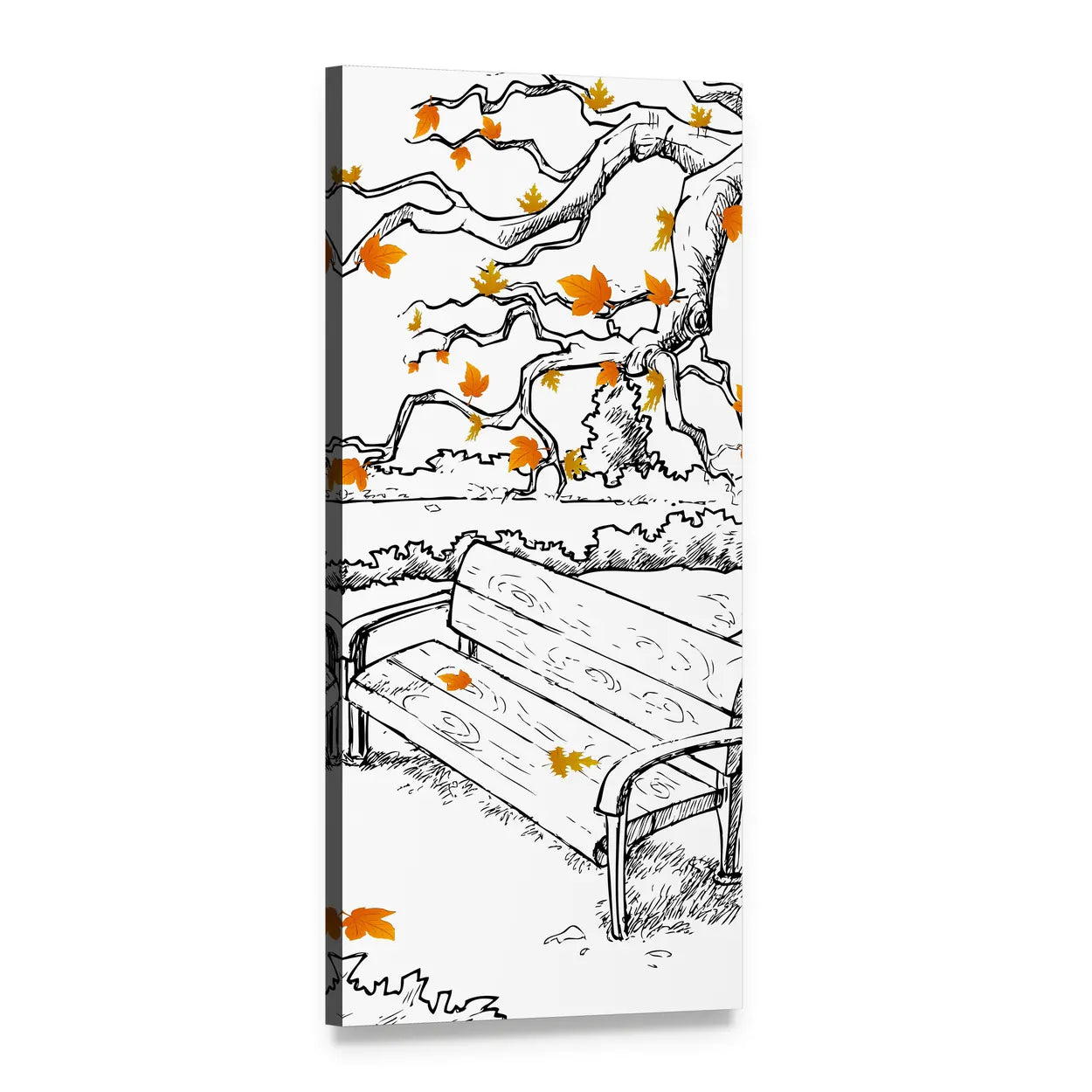 Autumn Park Bench Ink Sketch Vertical Canvas Wall Art, 1 panel 1 Vertical layout gallery wrapped canvas set, angled product view