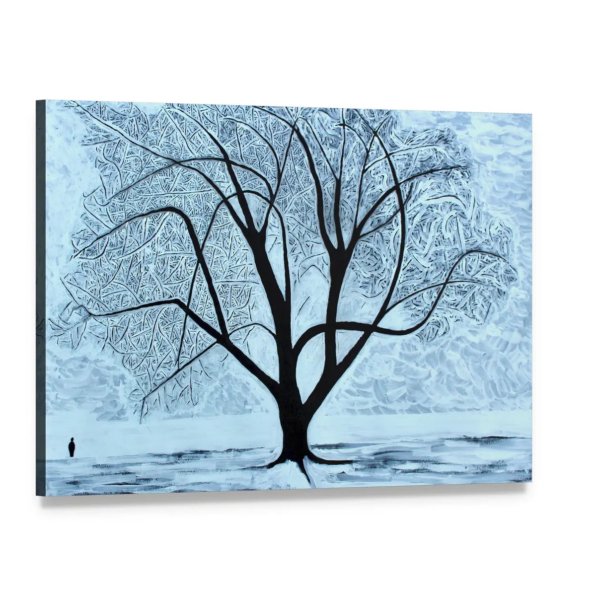 Snowy Tree with Lone Figure Canvas Wall Art, single panel gallery wrapped canvas, angled product view