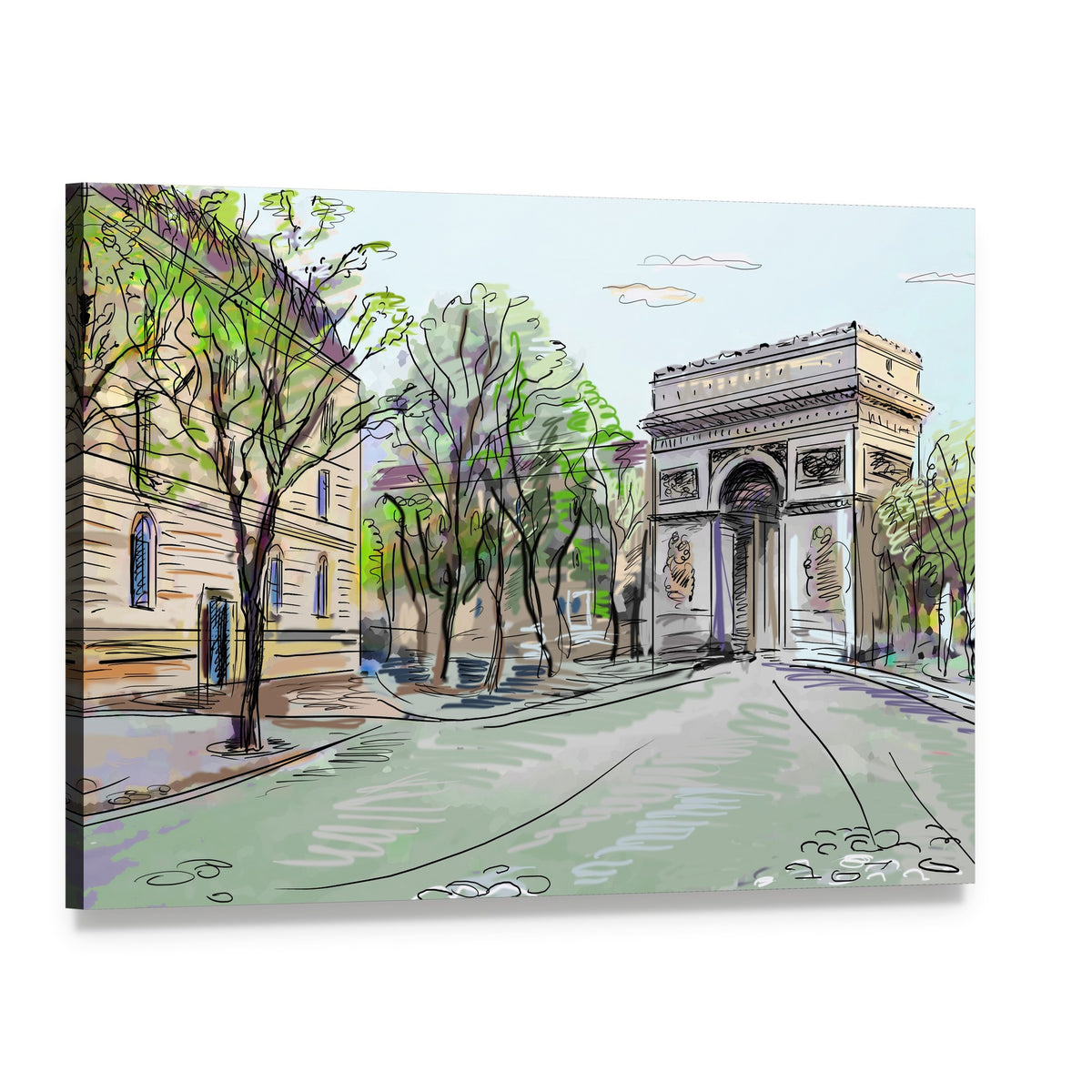 Arc De Triomphe Street Scene Canvas Wall Art, single panel gallery wrapped canvas, angled product view