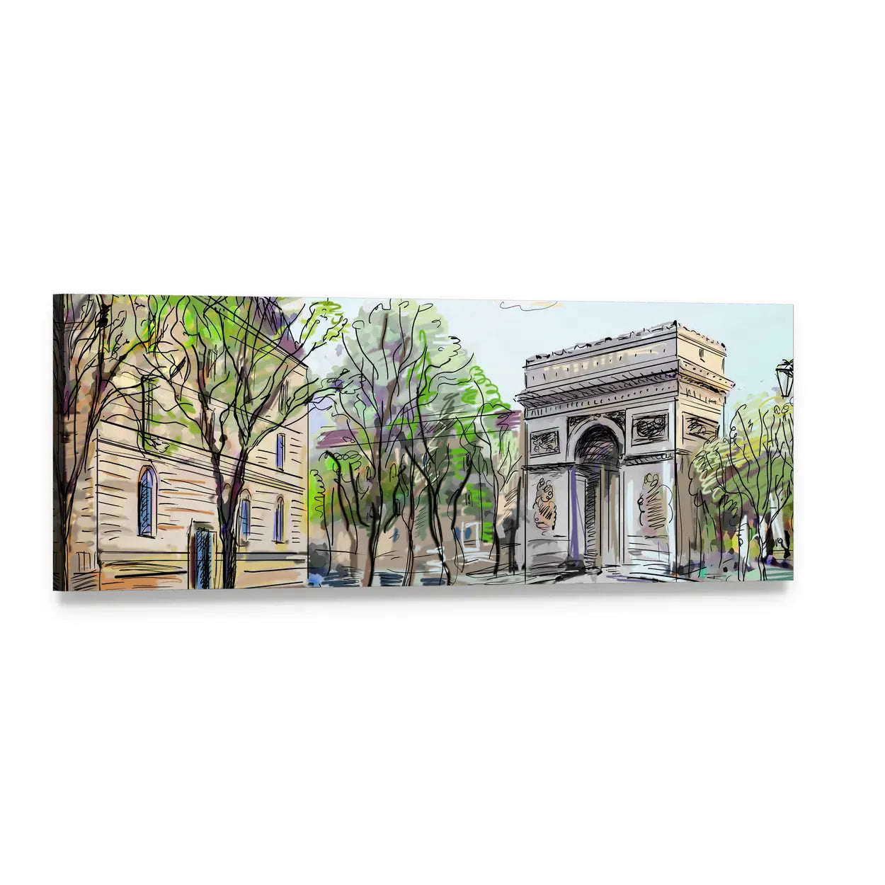 Paris Street with Arc De Triomphe Panoramic Canvas Wall Art, single panel gallery wrapped canvas, angled product view