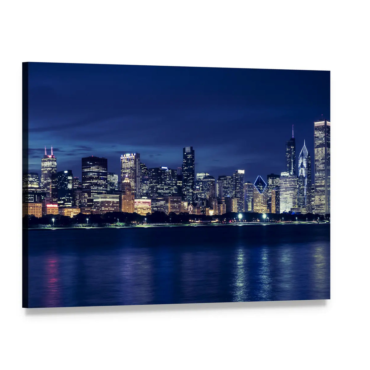Chicago Skyline By Night Canvas Wall Art, single panel gallery wrapped canvas, angled product view