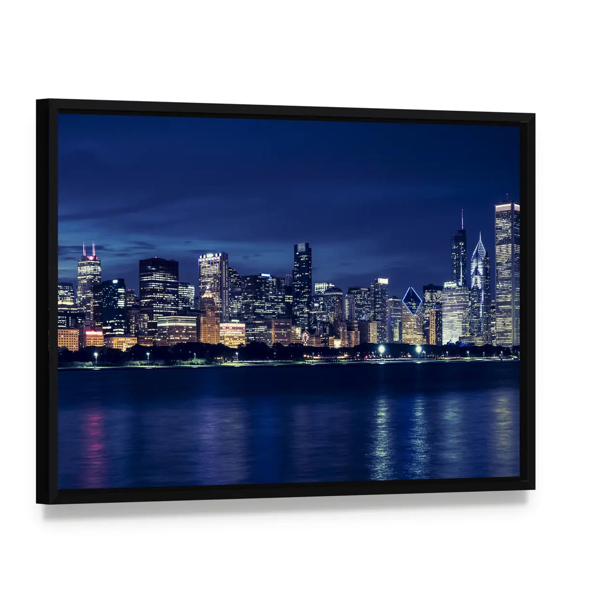Chicago Skyline By Night Canvas Wall Art, framed canvas in a black floater frame, angled product view