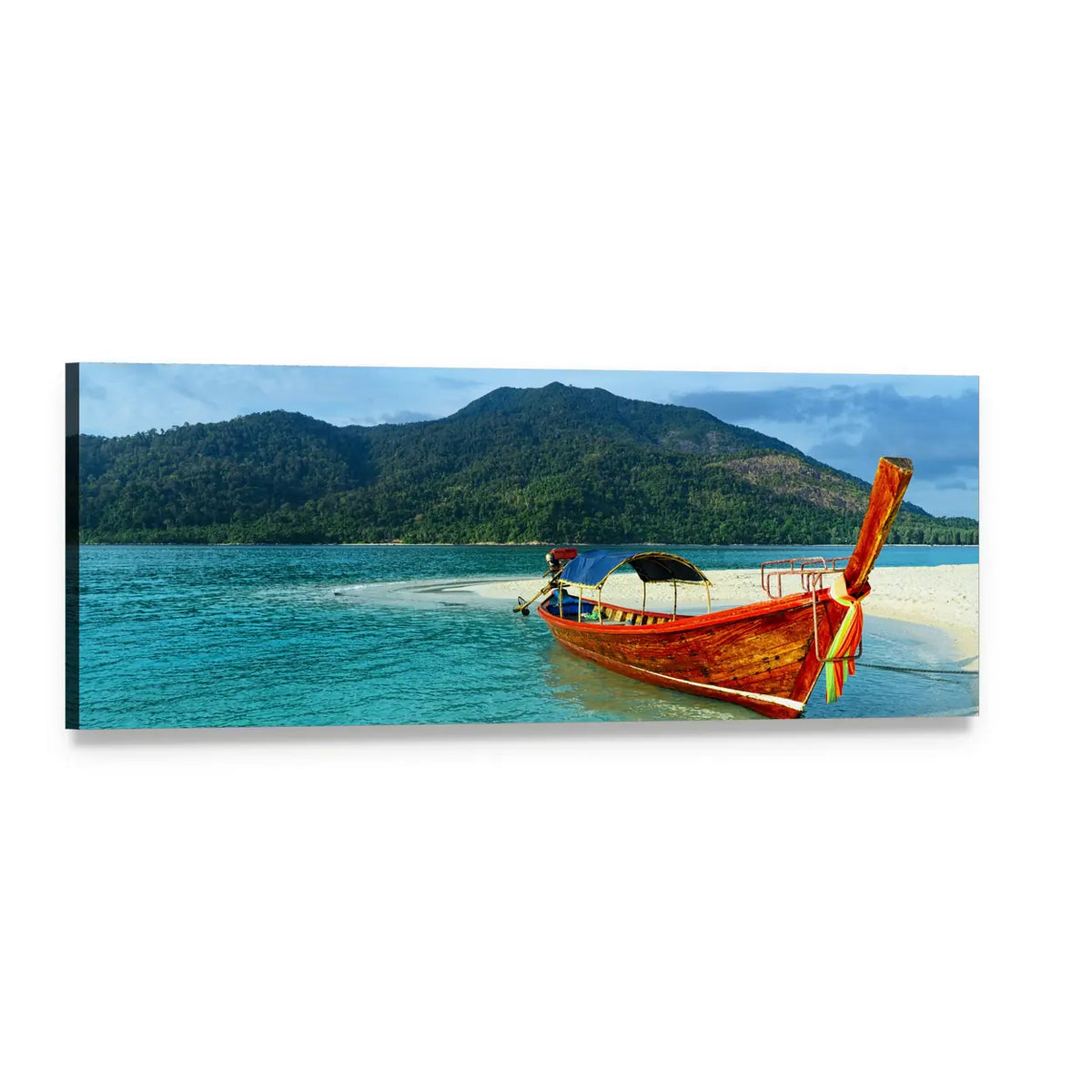 Long-tail Boat on Turquoise Shore Panoramic Canvas Wall Art, single panel gallery wrapped canvas, angled product view