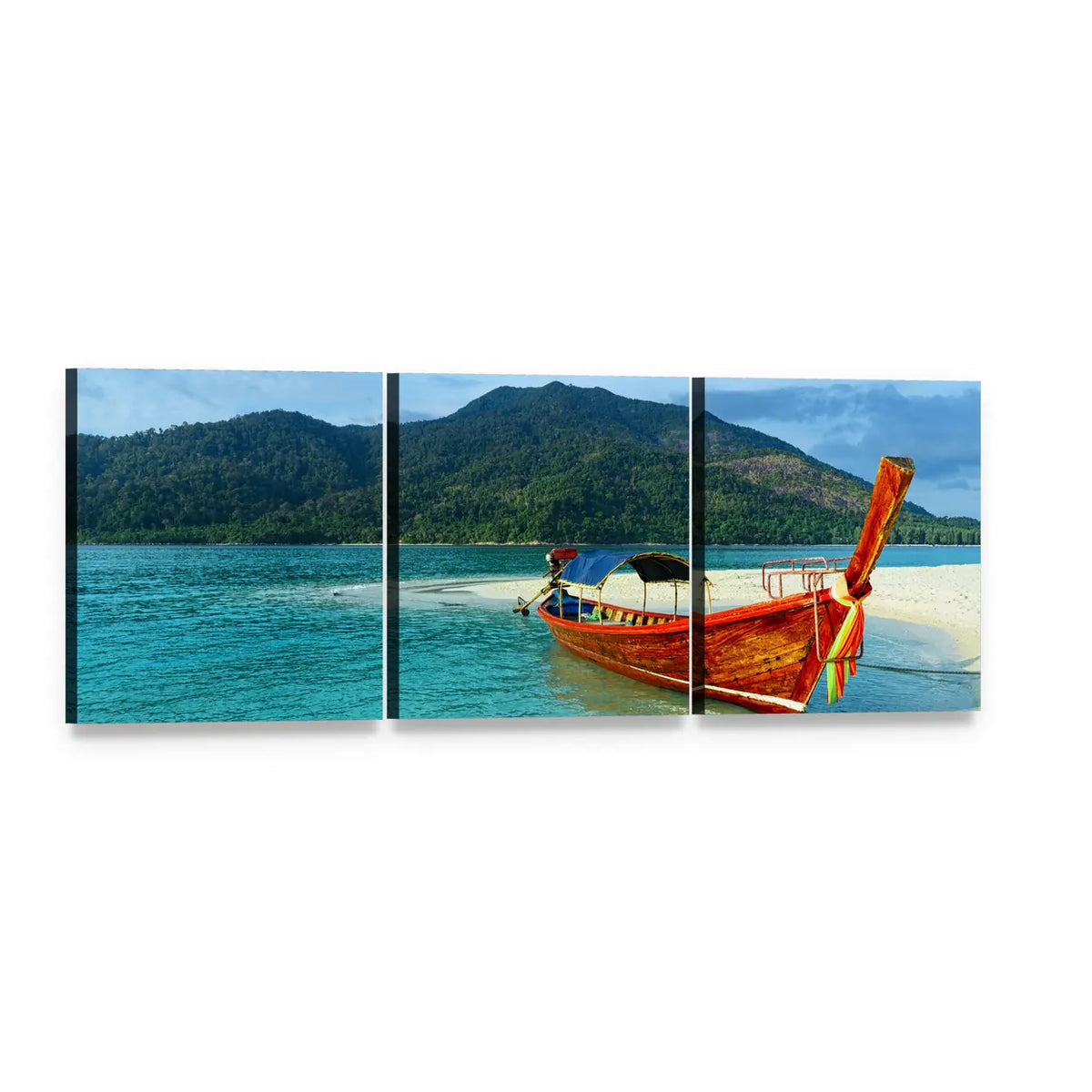Long-tail Boat on Turquoise Shore Panoramic Canvas Wall Art, 3 panel 3 Piece layout gallery wrapped canvas set, angled product view