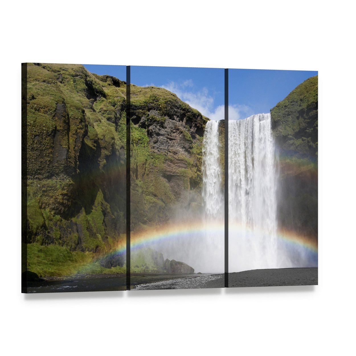 Rainbow at Skogafoss Waterfall in Iceland Canvas Wall Art, 3 panel 3 Horizontal layout gallery wrapped canvas set, angled product view