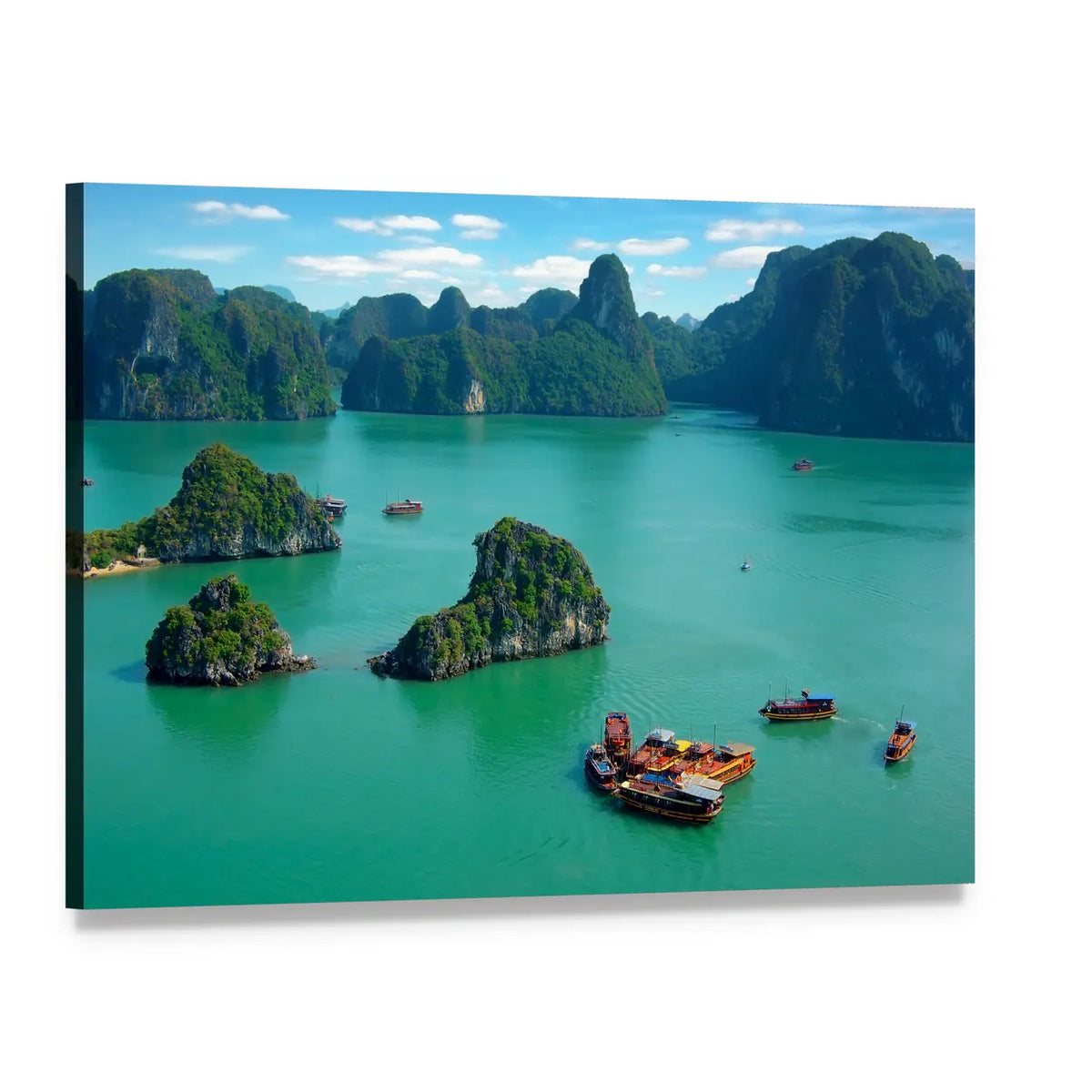 Ha Long Bay Limestone Karsts with Junk Boats Canvas Wall Art, single panel gallery wrapped canvas, angled product view
