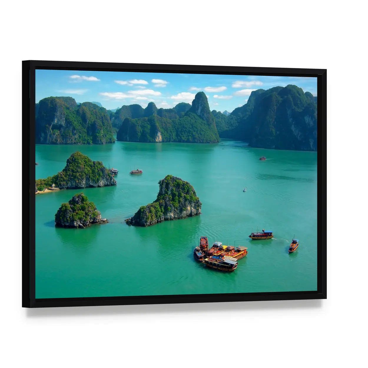 Ha Long Bay Limestone Karsts with Junk Boats Canvas Wall Art, framed canvas in a black floater frame, angled product view