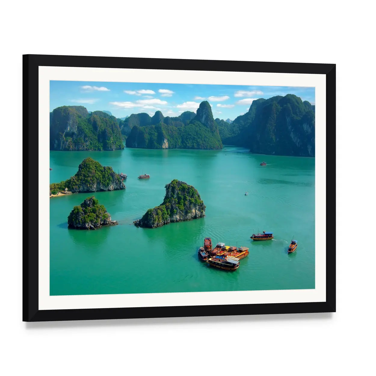 Ha Long Bay Limestone Karsts with Junk Boats Canvas Wall Art, framed print with white mat and black frame, angled product view