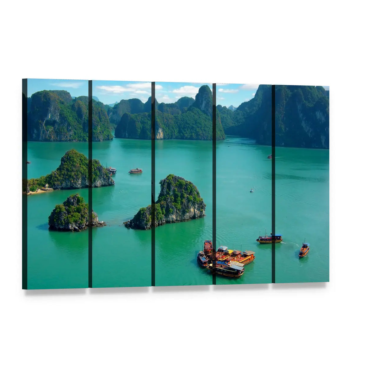 Ha Long Bay Limestone Karsts with Junk Boats Canvas Wall Art, 5 panel 5 Horizontal layout gallery wrapped canvas set, angled product view