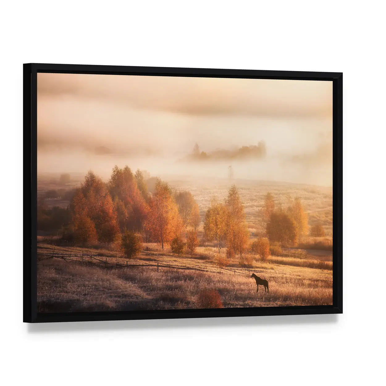 Autumn Horse in Russian Jungle Canvas Wall Art, framed canvas in a black floater frame, angled product view