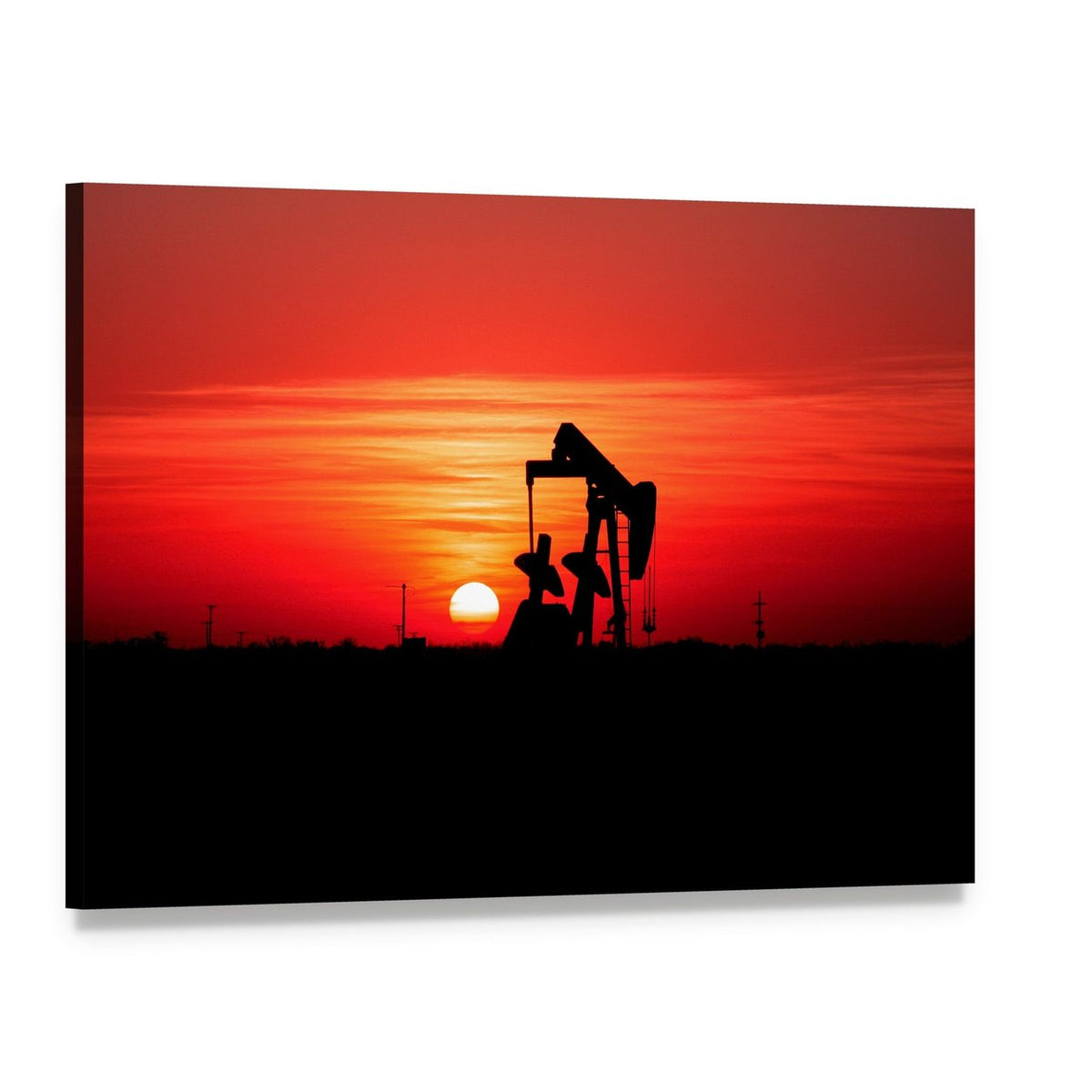 Silhouetted Oil Pump Jack at Sunset Canvas Wall Art, single panel gallery wrapped canvas, angled product view