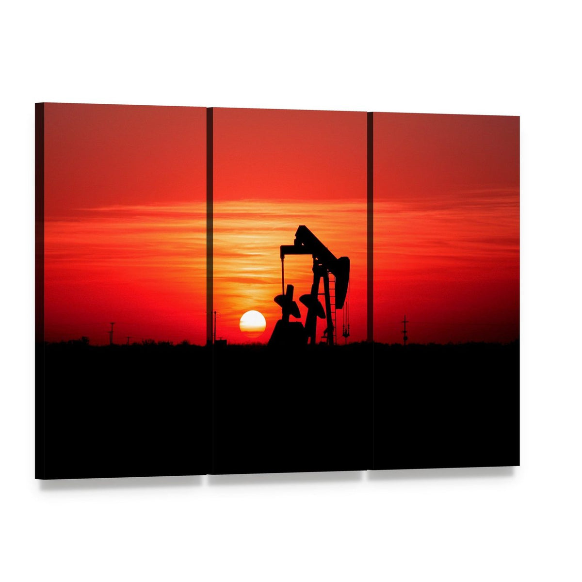 Silhouetted Oil Pump Jack at Sunset Canvas Wall Art, 3 panel 3 Horizontal layout gallery wrapped canvas set, angled product view
