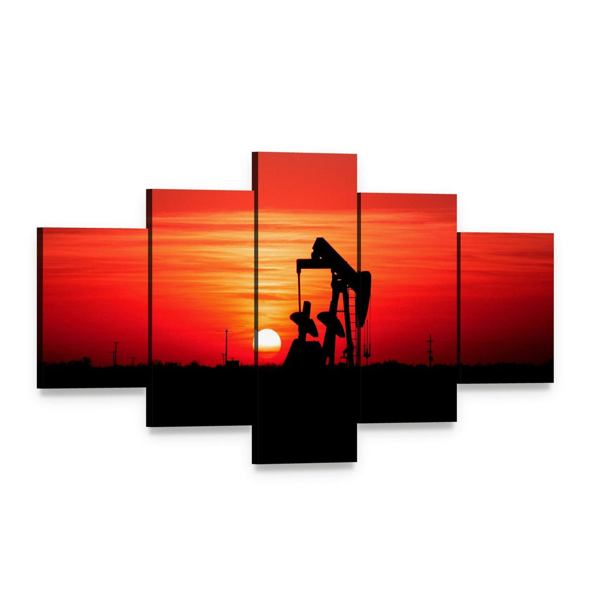 Silhouetted Oil Pump Jack at Sunset Canvas Wall Art, 5 panel 5 Star layout gallery wrapped canvas set, angled product view