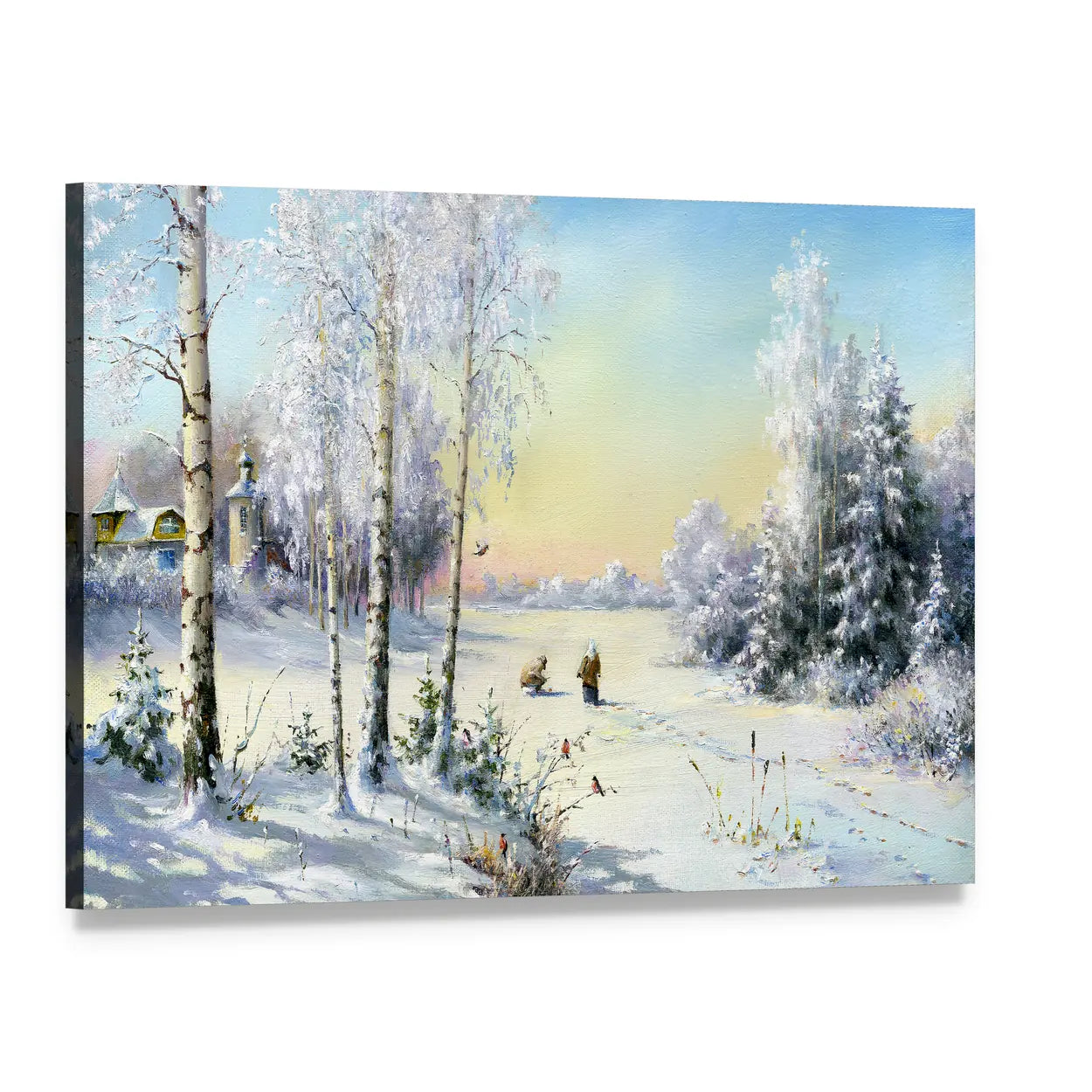 Winter Village by Frozen Lake Canvas Wall Art, single panel gallery wrapped canvas, angled product view
