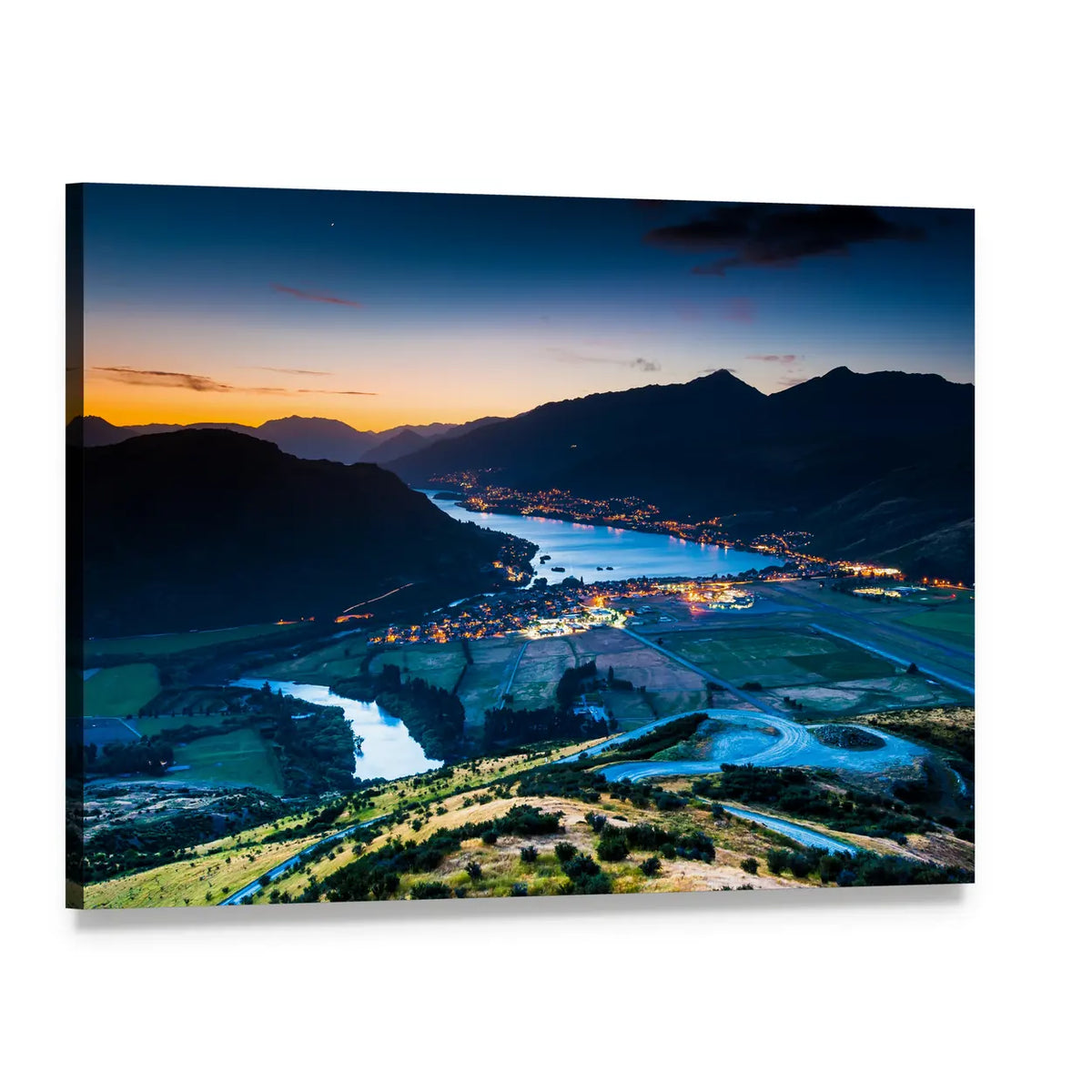 Aerial View of Queenstown at Dusk Canvas Wall Art, single panel gallery wrapped canvas, angled product view
