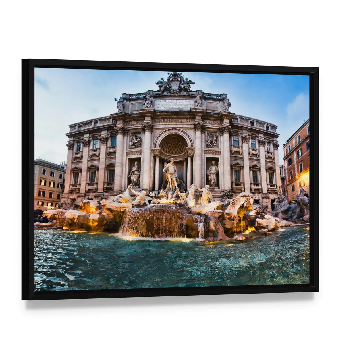 Trevi Fountain, Rome Canvas Wall Art, framed canvas in a black floater frame, angled product view