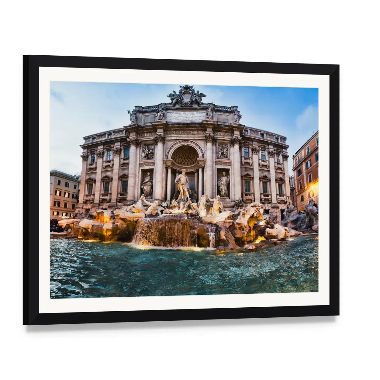 Trevi Fountain, Rome Canvas Wall Art, framed print with white mat and black frame, angled product view