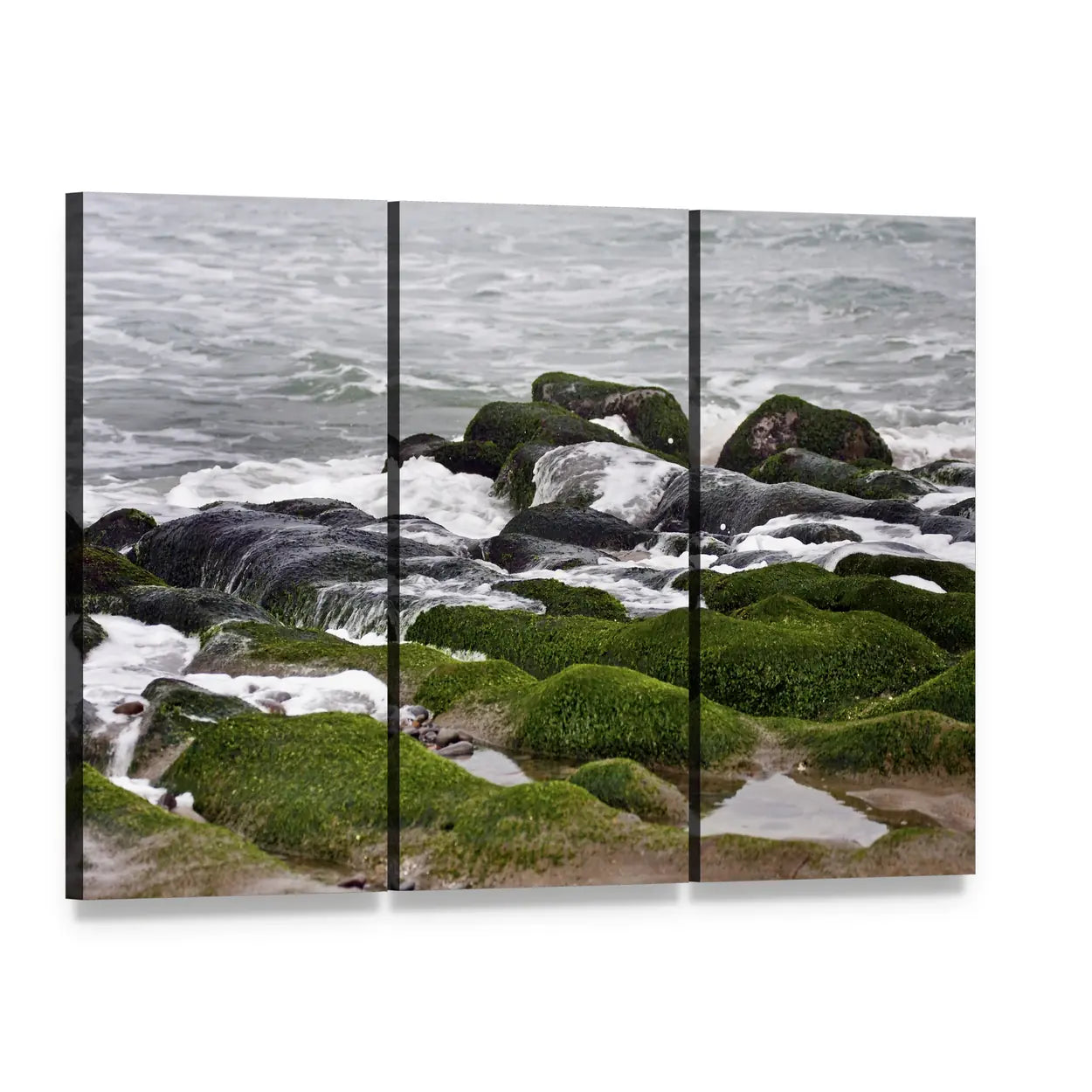 Moss-covered Rocks and Crashing Waves Canvas Wall Art, 3 panel 3 Horizontal layout gallery wrapped canvas set, angled product view