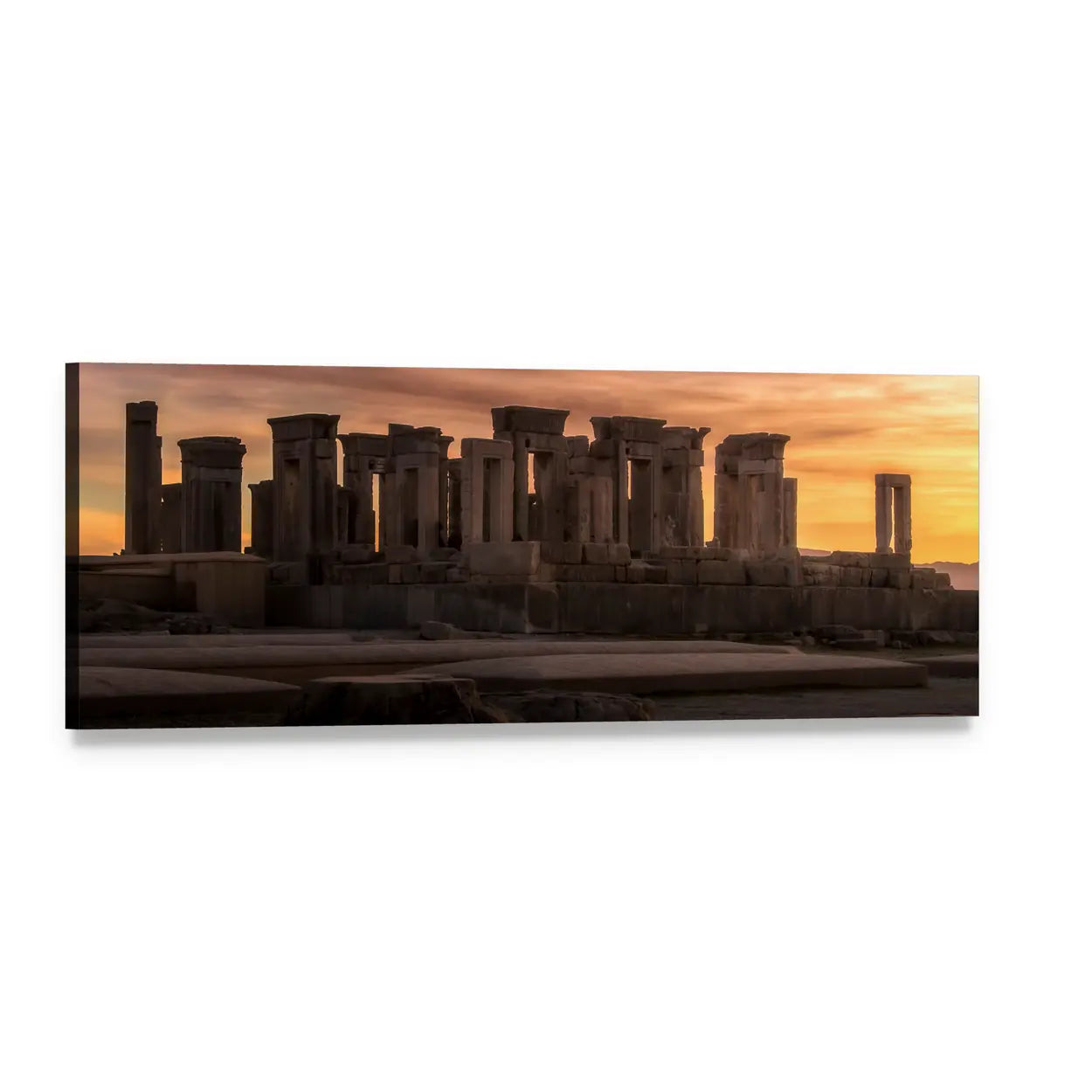 Persepolis Ruins at Golden Dusk Panoramic Canvas Wall Art, single panel gallery wrapped canvas, angled product view
