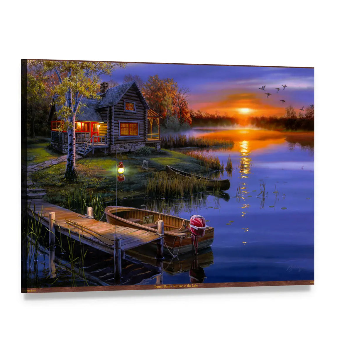 Cabin and Boat at Sunset Lake Canvas Wall Art, single panel gallery wrapped canvas, angled product view