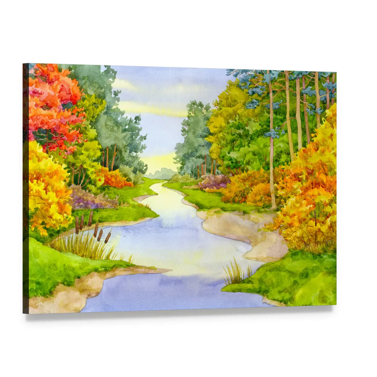 Autumn Forest Creek Canvas Wall Art, single panel gallery wrapped canvas, angled product view