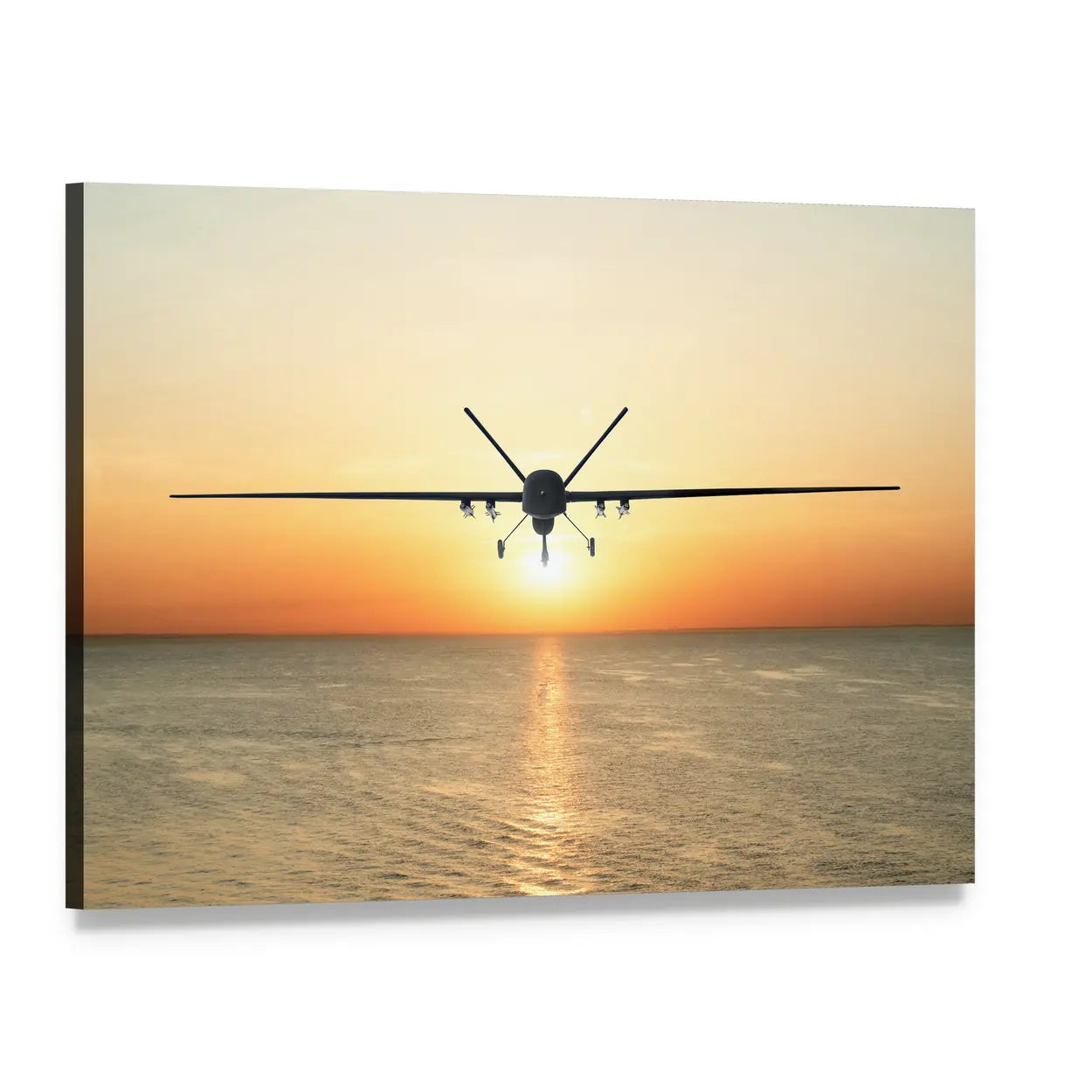 Military Drone at Sunset Canvas Wall Art, single panel gallery wrapped canvas, angled product view