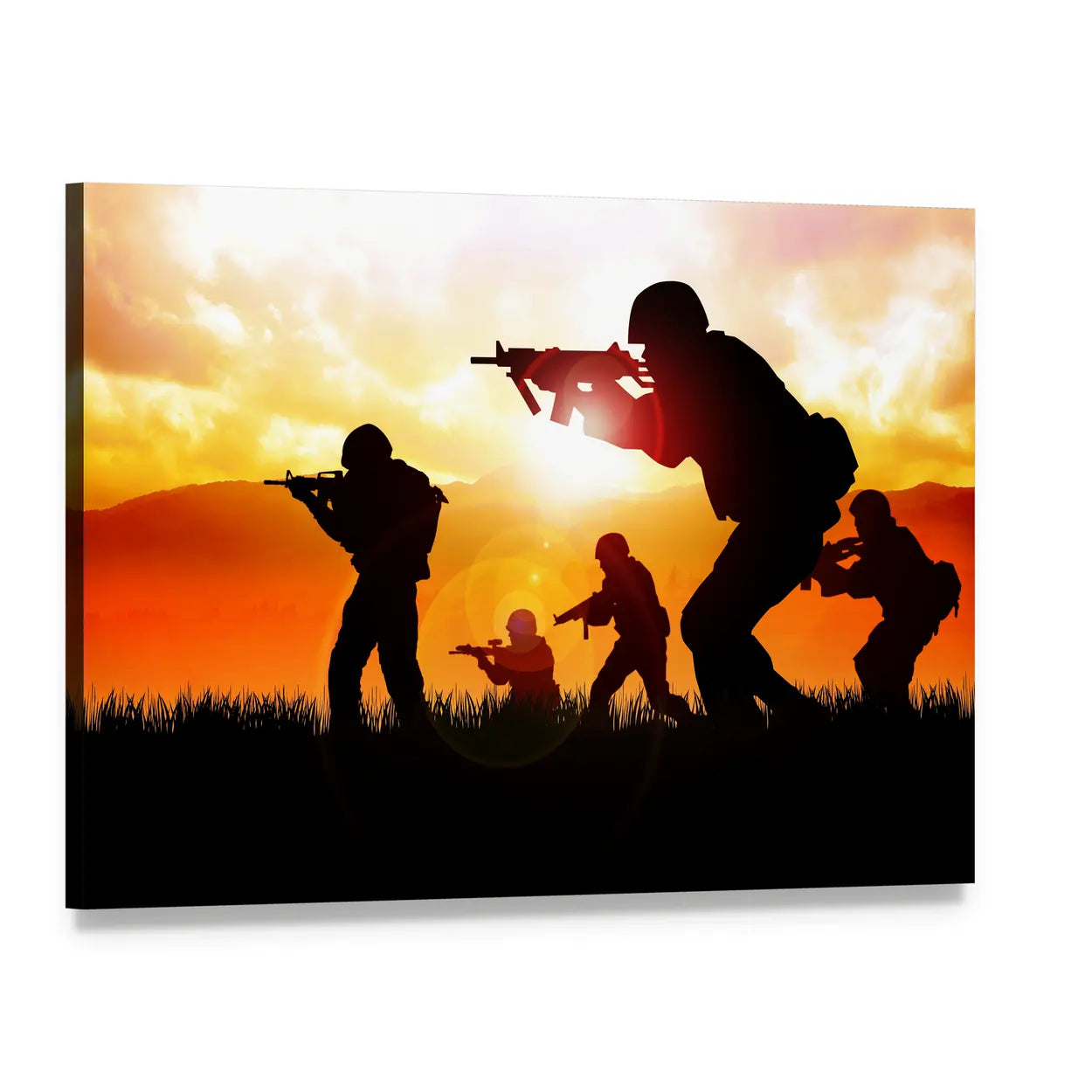 Silhouetted Soldiers at Sunset Canvas Wall Art, single panel gallery wrapped canvas, angled product view