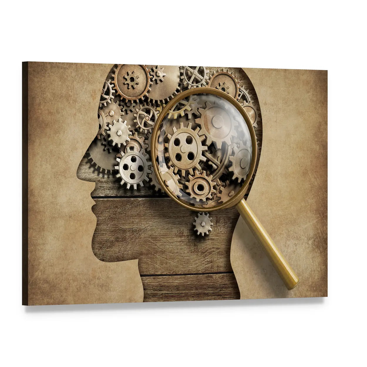 3d Psychology Head with Gears and Wood Texture Canvas Wall Art, single panel gallery wrapped canvas, angled product view