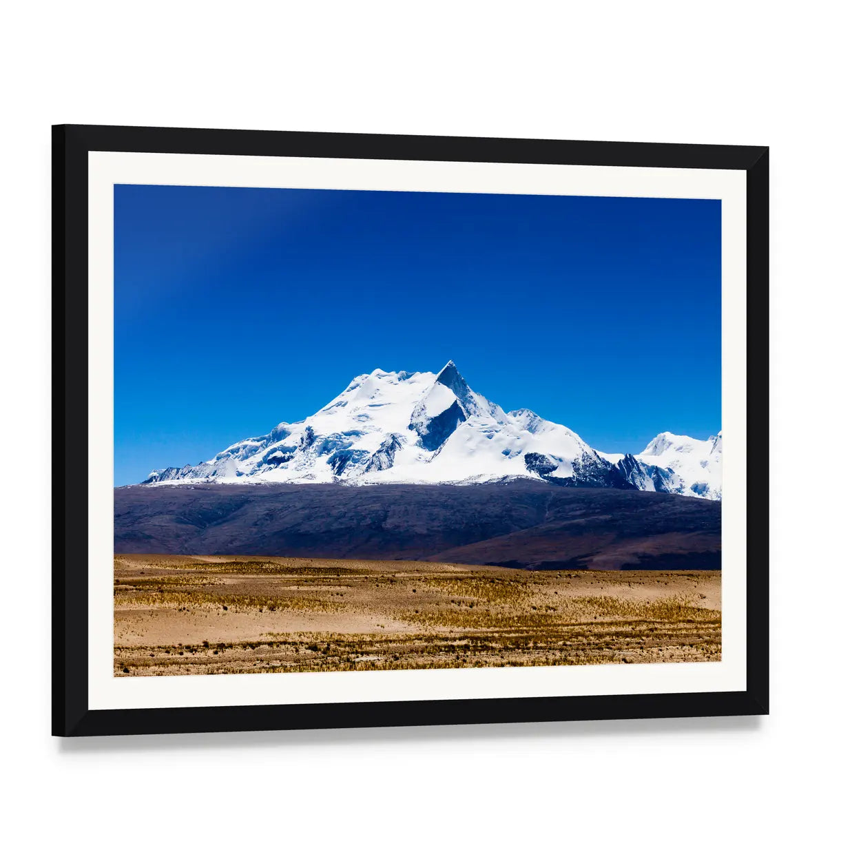 Mt Shishapangma Snow-capped Peaks Canvas Wall Art, framed print with white mat and black frame, angled product view