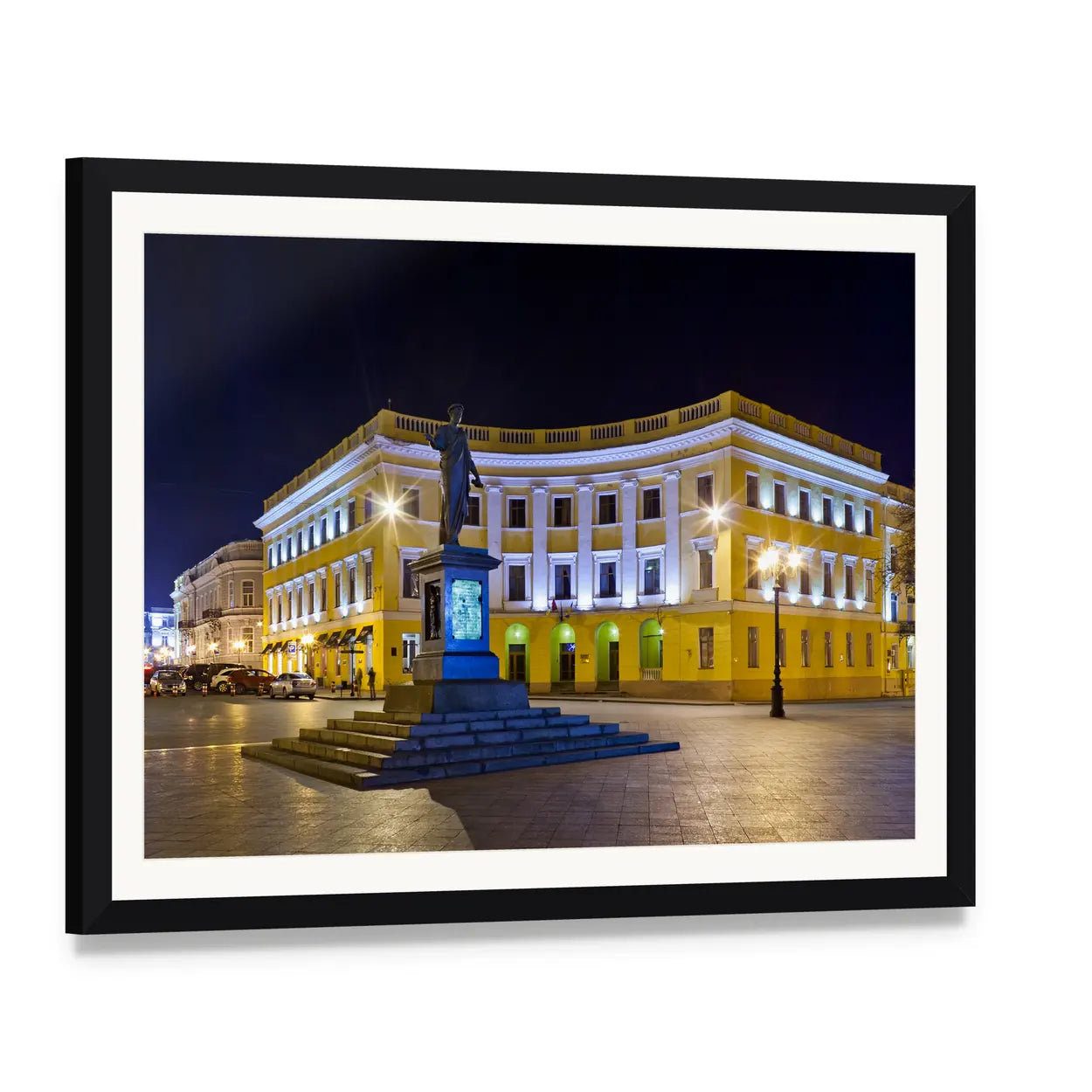 Duke of Richelieu Monument Canvas Wall Art, framed print with white mat and black frame, angled product view