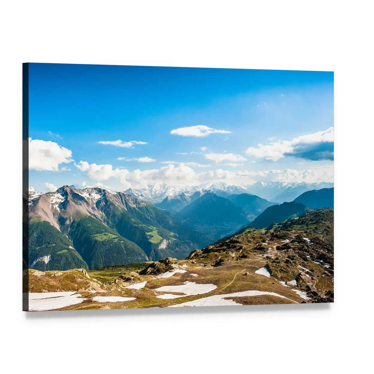 Snow-dusted Mountain Valley Canvas Wall Art, single panel gallery wrapped canvas, angled product view