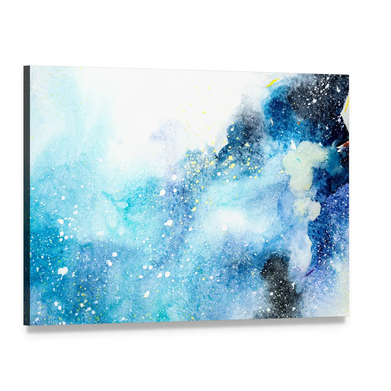 Bluish Watercolor Stains and Drips Canvas Wall Art, single panel gallery wrapped canvas, angled product view