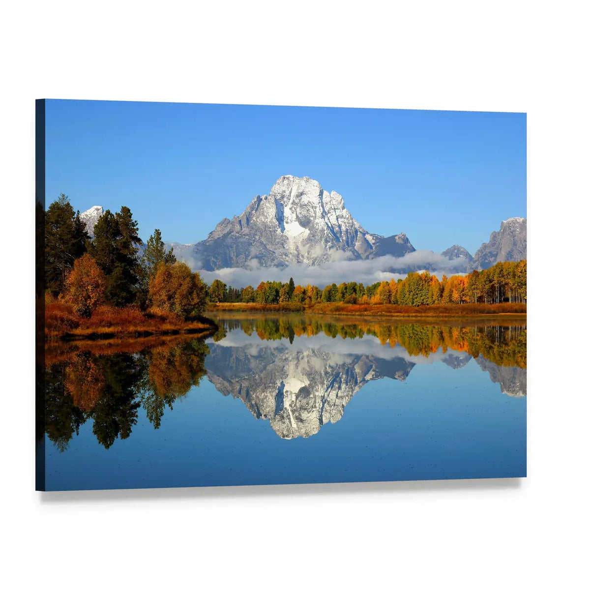 Mountain Reflection in Autumn Lake Canvas Wall Art, single panel gallery wrapped canvas, angled product view