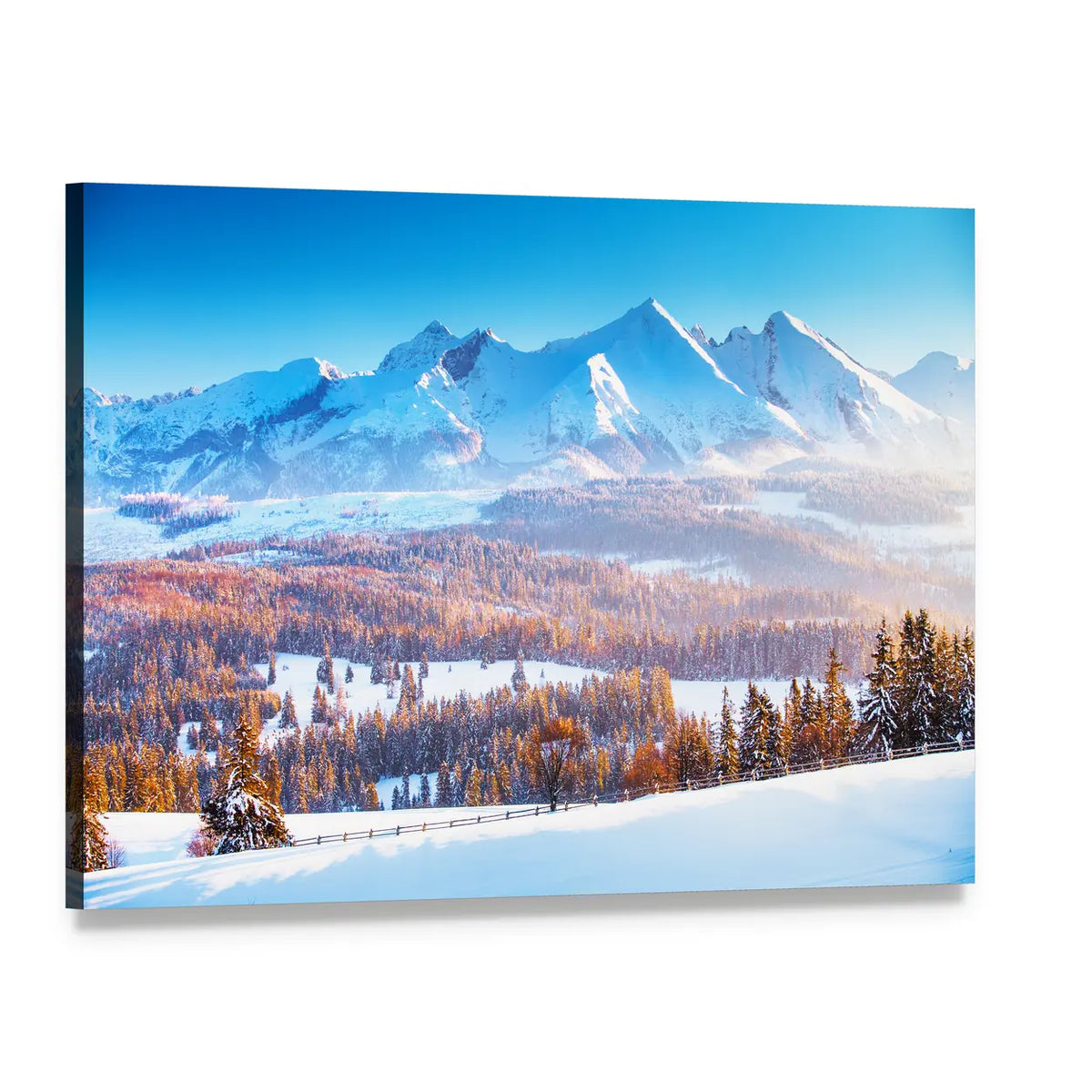 Snowy Mountain Peaks in Frosty Morning Canvas Wall Art, single panel gallery wrapped canvas, angled product view