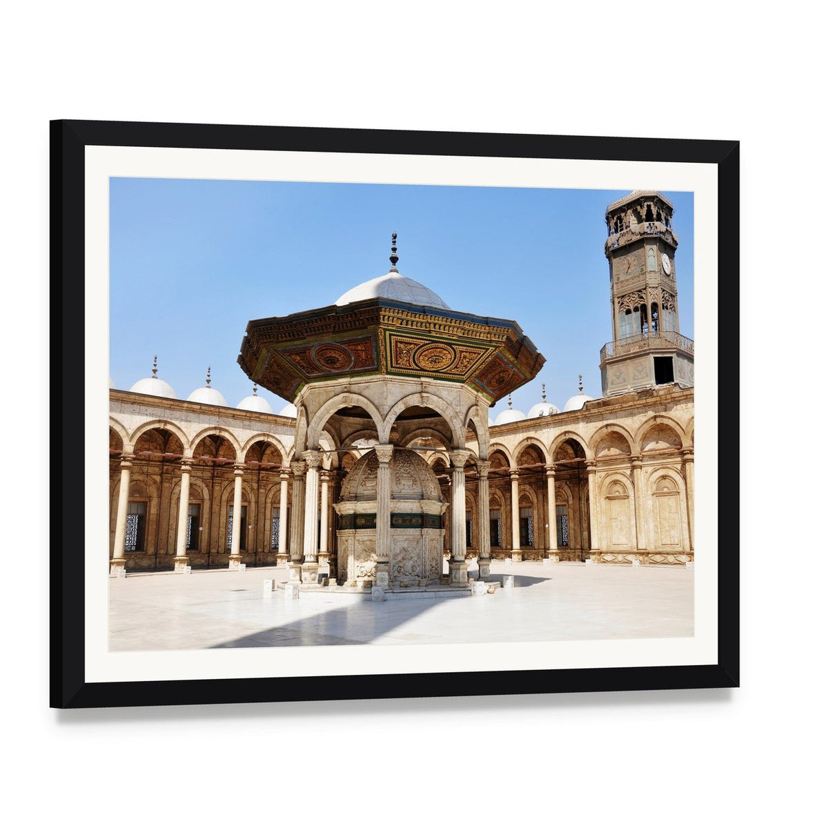 Omayyad Mosque Courtyard Canvas Wall Art, framed print with white mat and black frame, angled product view