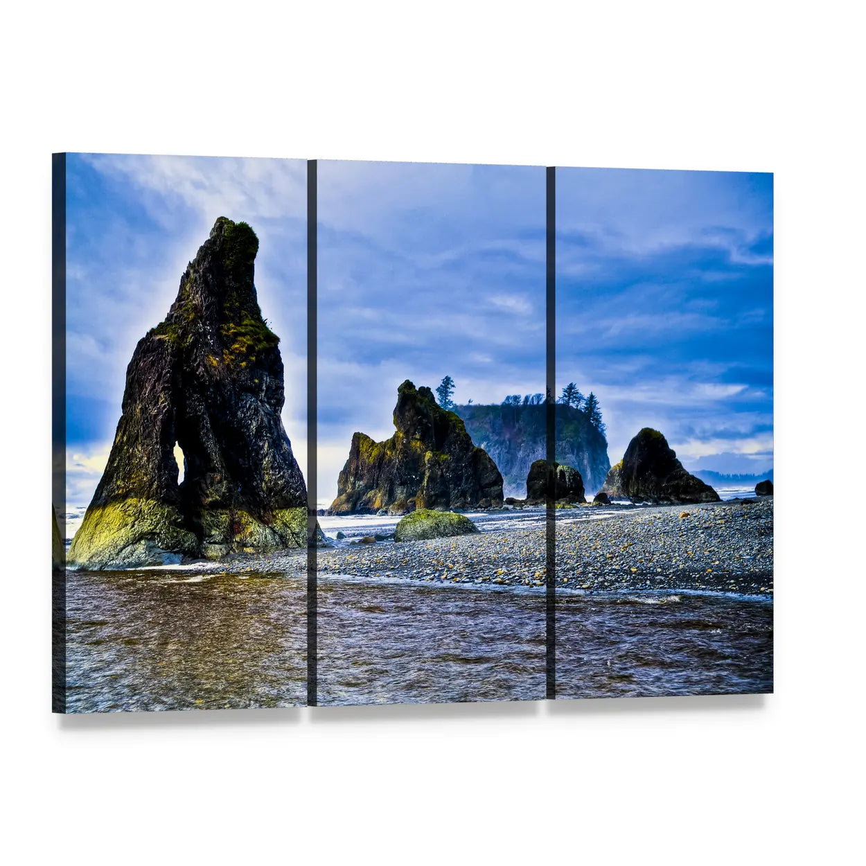 Rocky Coast of Ruby Beach Canvas Wall Art, 3 panel 3 Horizontal layout gallery wrapped canvas set, angled product view
