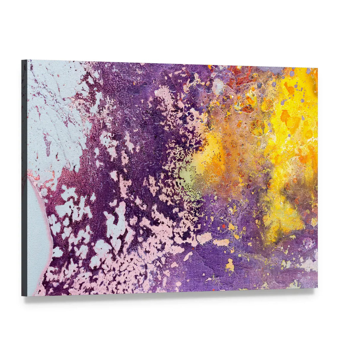 Purple and Yellow Abstract Texture Canvas Wall Art, single panel gallery wrapped canvas, angled product view