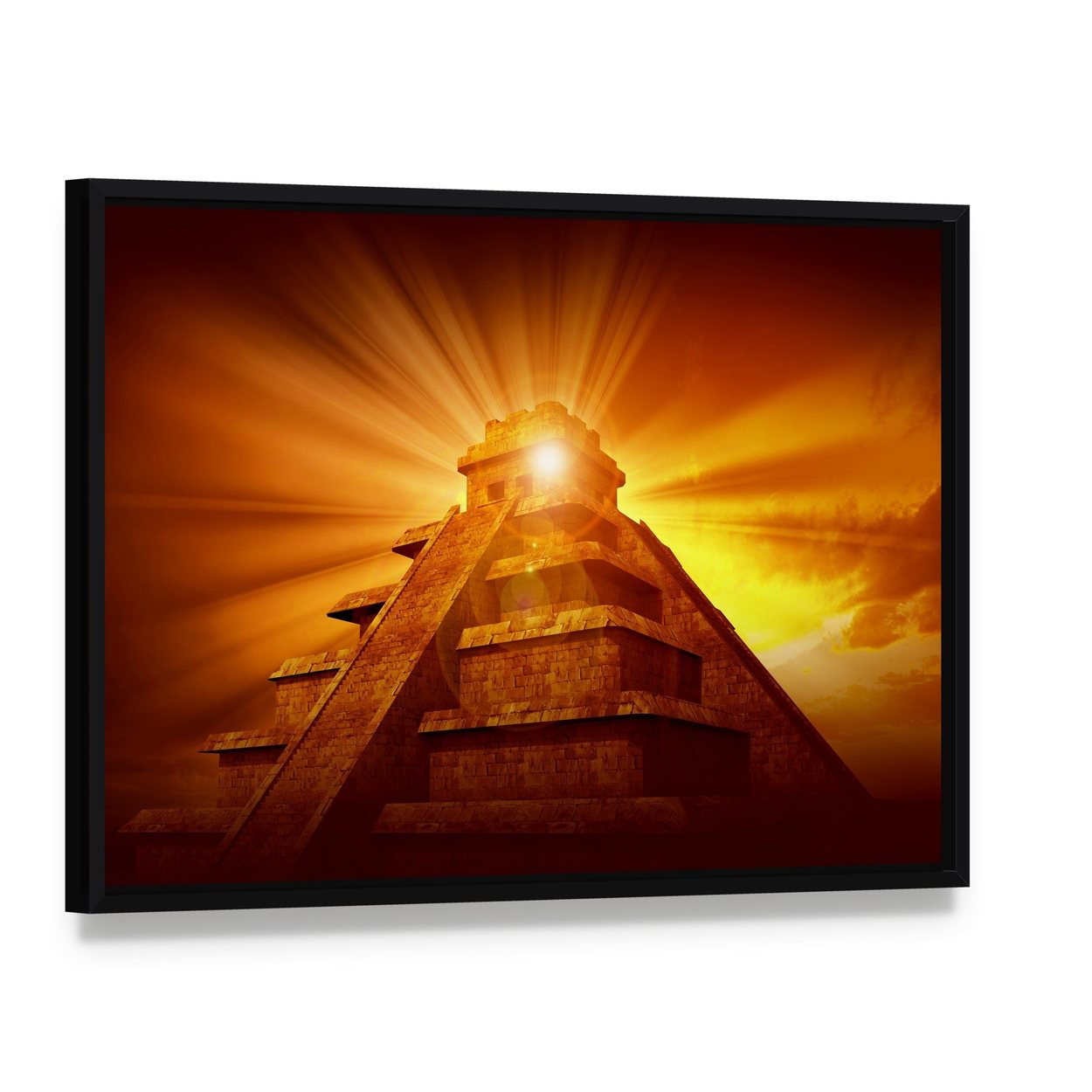 Mayan Mystery Pyramid Canvas Wall Art, framed canvas in a black floater frame, angled product view