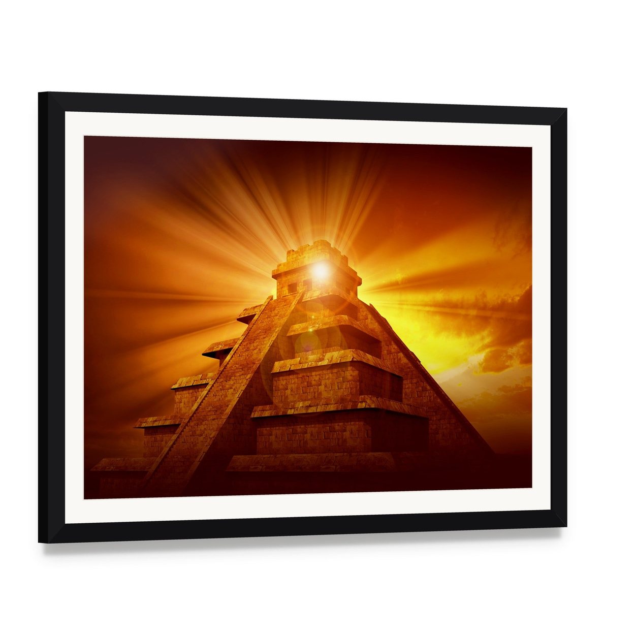 Mayan Mystery Pyramid Canvas Wall Art, framed print with white mat and black frame, angled product view