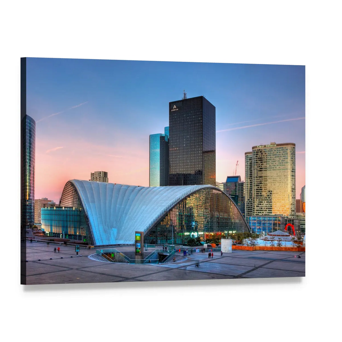 La Defense Cityscape at Dusk Canvas Wall Art, single panel gallery wrapped canvas, angled product view