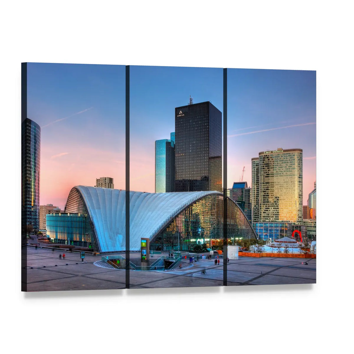 La Defense Cityscape at Dusk Canvas Wall Art, 3 panel 3 Horizontal layout gallery wrapped canvas set, angled product view