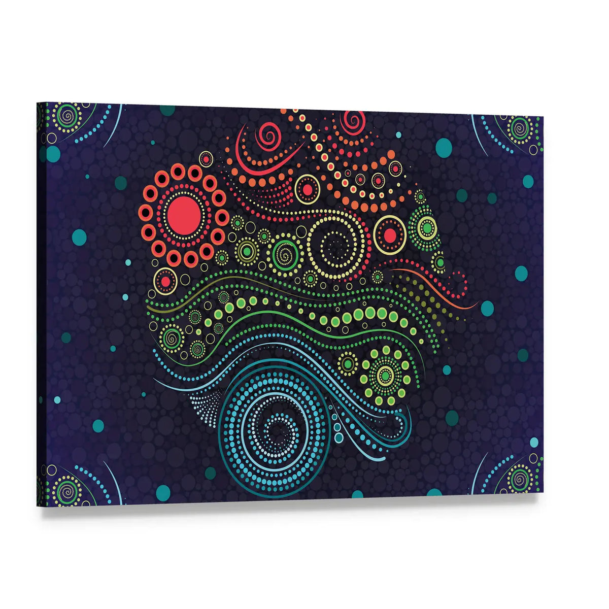 Colorful Aboriginal Dot Canvas Wall Art, single panel gallery wrapped canvas, angled product view