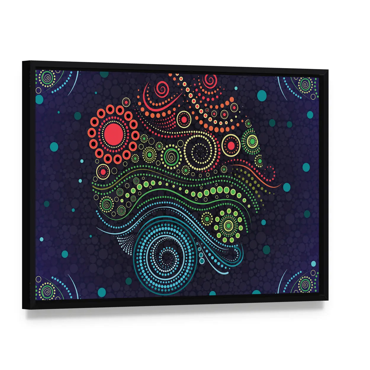 Colorful Aboriginal Dot Canvas Wall Art, framed canvas in a black floater frame, angled product view