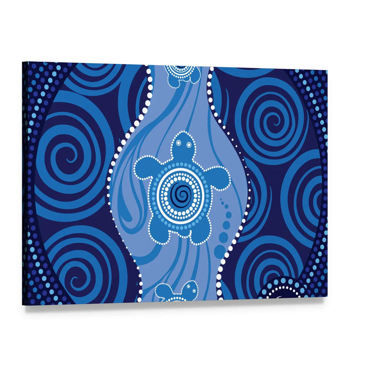 Blue Aboriginal Sea Turtles Dot Painting Canvas Wall Art, single panel gallery wrapped canvas, angled product view