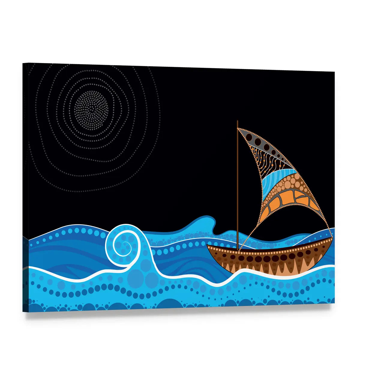 Dotted Sailboat on Starry Sea Canvas Wall Art, single panel gallery wrapped canvas, angled product view
