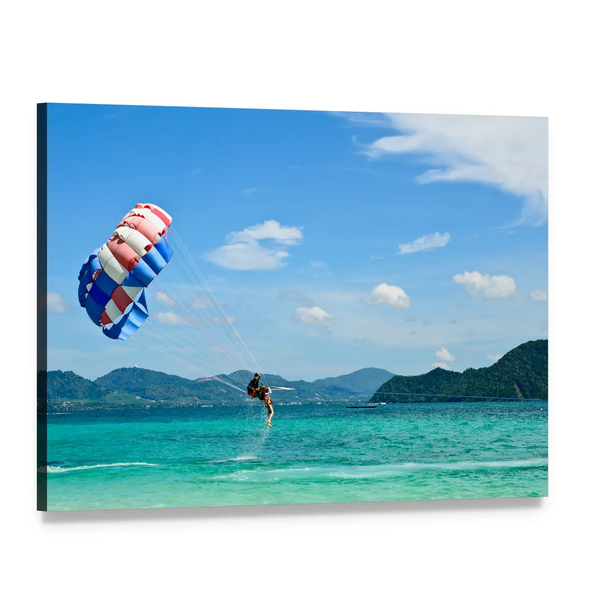 Parasailing Over Phuket with Striped Parachute Canvas Wall Art, single panel gallery wrapped canvas, angled product view